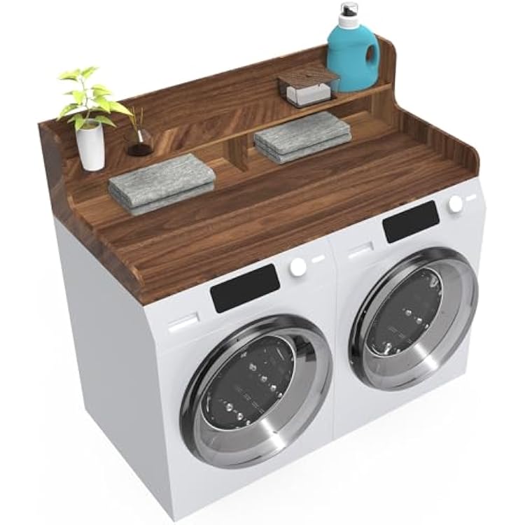 2-Tier Washer Dryer Countertop, Wood Laundry Countertop with Edge, 54 x 27.5 Top Cover for Laundry Machine, Washer and Dryer Wood Shelf Topper for Laundry Room Counter Storage Organization, Walnut