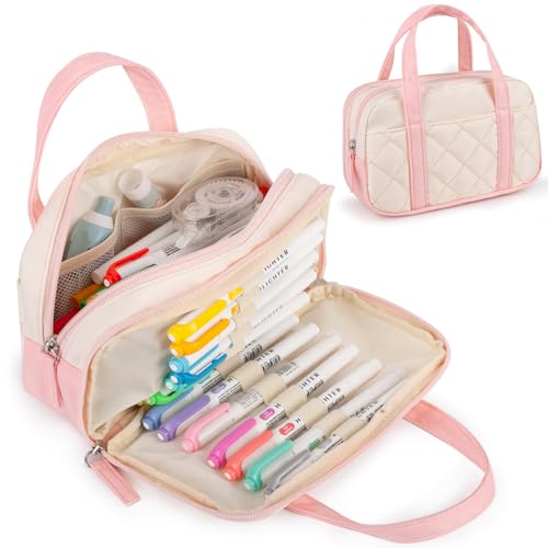 2 Compartment Pencil Case For Girls,Zipper Pencil Bag With Handle, Large Capacity quilting Pencil Pouch Organizer Aesthetic, Womens Soft Pencil Box Marker Pouch For Middle School Office College