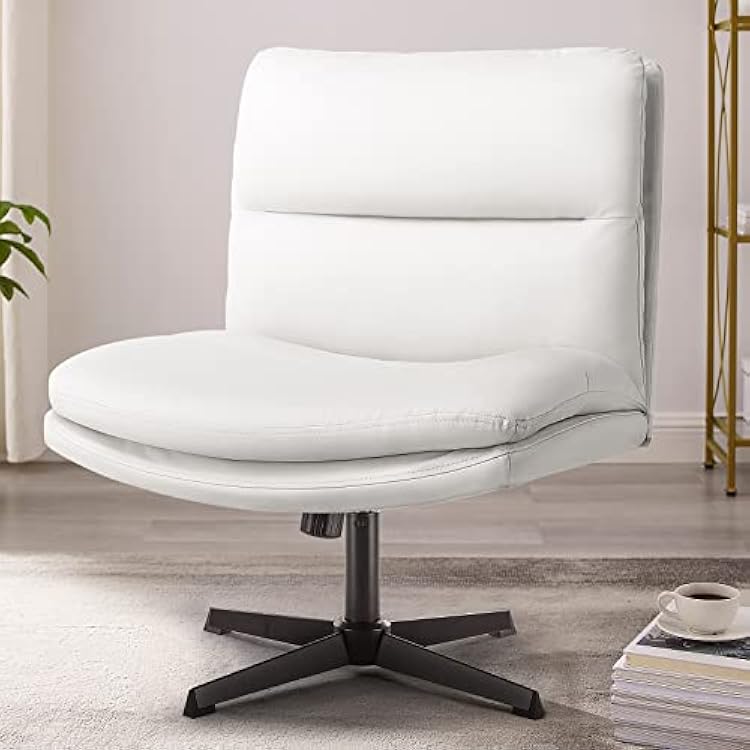 PUKAMI Armless Office Desk Chair No Wheels,PU Leather Criss Cross Legged for Home,Modern Swivel Vanity and Mid-Back Computer Chair,Height Adjustable Wide Seat for Task White