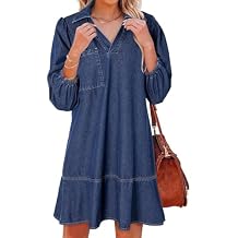 Dokotoo Denim Dress for Women Summer Casual Babydoll 2026 V Neck 3/4 Puff Sleeve Jean Dresses