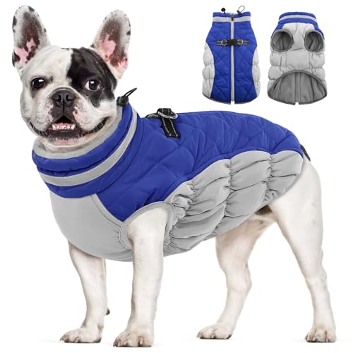 AOFITEE Dog Coat, Warm Dog Jackets for Small Dogs, Dogs Winter Coat with Harness Built in, Reflective Pet Winter Jacket, Waterproof Windproof Puppy Puffer Jacket Fleece Vest, Blue XS