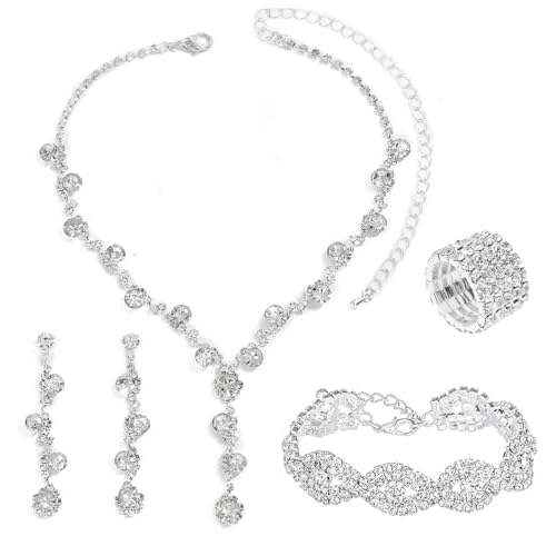 5Pcs Prom Earrings Necklace Bracelet Ring Set Elegant Crystal Rhinestone Necklace Earrings Bracelet Ring Bridal Wedding Prom Costume Jewelry Sets for Women