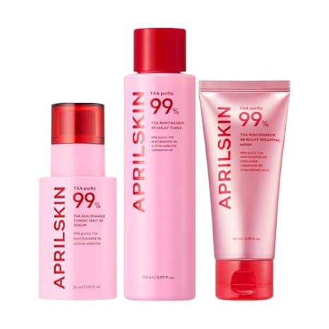 APRILSKIN TXA Overnight Glow Booster Trio: TXA Toning Shot 99 Spicule Facial Serum, Pink Milky Toner and TXA Overnight Wrapping Mask