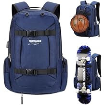 Ronyes Skateboard Backpack, Skateboard Bag,17.3 Inch Laptop Backpack with USB Charging Port, Basketball Longboard Backpack for Sports Travel Blue