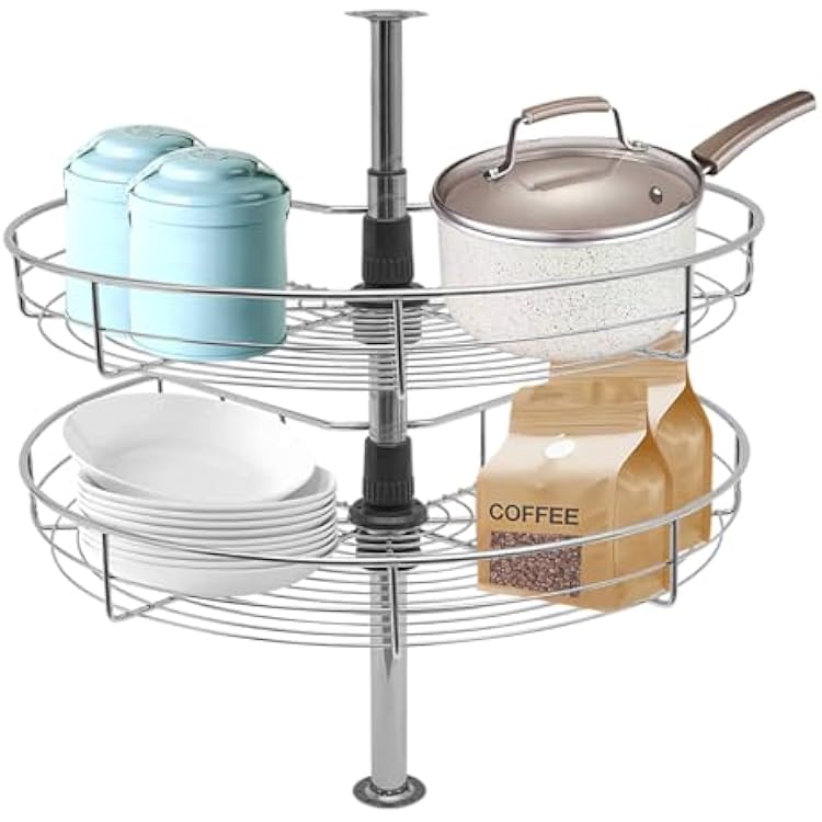 2 Tier Corner Lazy Susan Cabinet Organizer, 23.6 Rotating Blind Corner Wire Kidney Shaped Cabinet Mounted, Double Shelf Swivel Kitchen SpiceCan Organizer, Silver