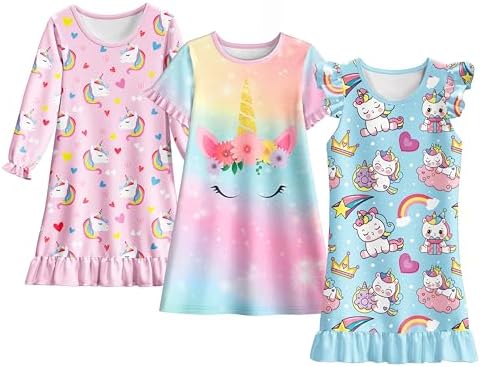 LQSZ Girls Nightgowns 3-Pack Toddler Nightdress Dress Sleepwear Pajamas for Girls 3-10 Years