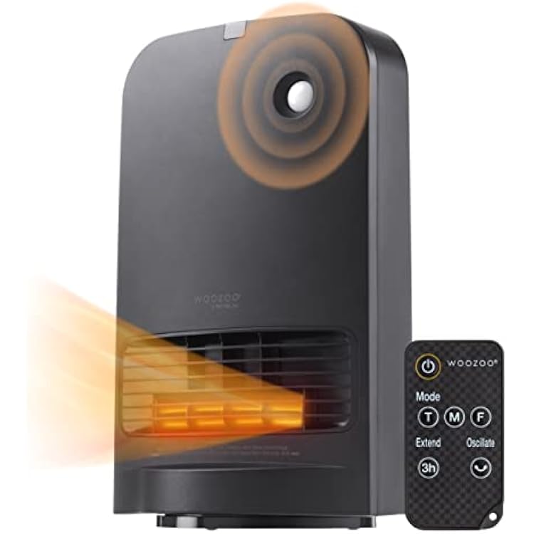 IRIS USA WOOZOO 1500-Watt Oscillating Portable Heater with Motion Sensor, Space Ceramic Fan for Desk, Fast Heating Indoor Room, Personal Quiet Heater, Built-in Thermometer, Black