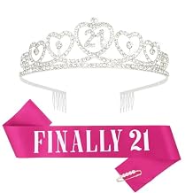 Finally 21 Silver Crown with Rhinestones & Hot Pink Sash - 21st Birthday Tiara & Party Supplies
