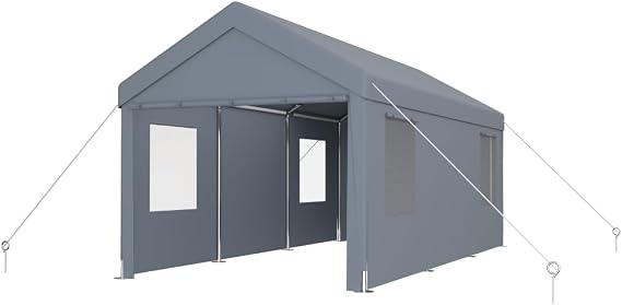 12x20 Portable Garage, Heavy Duty Carport Canopy with Roll-up Doors and Windows for Vehicles and Storage, Grey