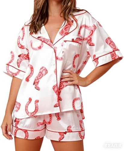 Yiulangde Cowboys Boot Pajamas for Women Y2k 2 Piece Heart Bow Preppy Pjs Coquette Short Sleeve Shirts Matching Pj Shorts Set