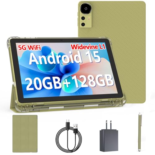 Android 15 Tablet 10 inch Tablets, 20GB RAM 128GB ROM 2TB Expand, 2.0Ghz CPU Quad-Core Processor Tablet PC with Case and Stylus, 5G WiFi6, BT5.0, 6000mAh Battery, Dual Camera, Widevine L1, GMS, Yellow