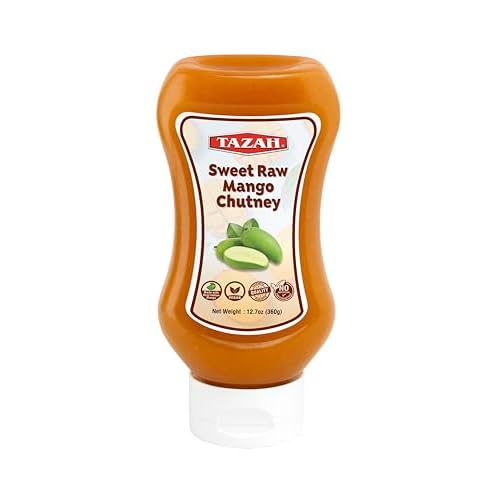 TAZAH Sweet Raw Mango Chutney, 12.7 oz 360g Squeeze Bottle Sweet, Tangy & Spiced Indian Mango Chutney Vegan No Artificial Preservatives Product of India