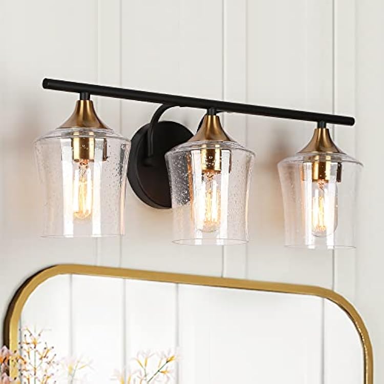 ZEVNI Vanity Light Fixture, 3-Light Bathroom Black and Gold Vanity Light Fixtures with Seeded Glass Shades, 20.5 X 7.5 X 7