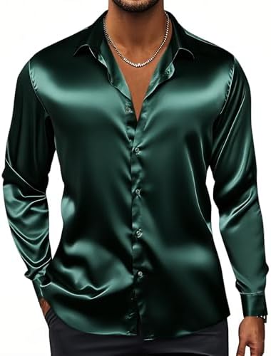 Hi-Tie Mens Silk Satin Dress Shirts Long Sleeve Shiny Casual Button Up Shirts Luxury Party Disco Prom Wedding Shirt