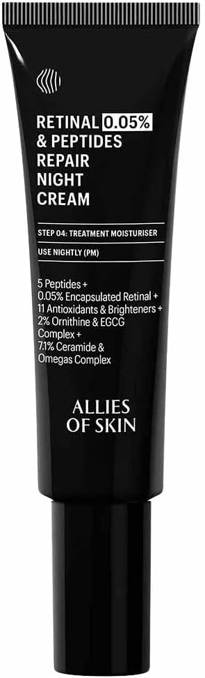 Allies Of Skin Retinal 0.05% Peptides Repair Night Cream with 0.05% Encapsulated Retinaldehyde, Peptides, 2% Ornithine, EGCG Complex, 11 Brighteners, Antioxidants, and 7.1% Ceramide & Omegas Complex | Helps Smooth The Appearance Of Wrinkles, Fine Lines & Uneven Tone, Delivers Overnight Hydration | 7% Ceramides, Omega Complex