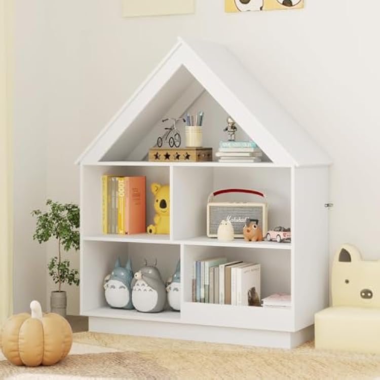 KOTEK Dollhouse Bookshelf and Toy Storage, 3-Tier House Shaped Bookcase for Organization & Decoration, Floor Standing Book Shelf for Kids Room, Playroom, Nursery White