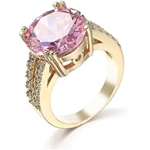 18K Gold Plated Pink Synthetic Cushion Cut 5ct Zircon Ring 5A Inlaid Cubic Zirconia Rings CZ Diamond Two Row Ring Eternity Engagement Wedding Band Ring Cocktail Ring Gift for Women ST.198 (8)