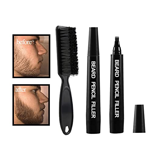 Beard Pencil Filler for Men 2 pack Long Lasting -Beard Pen with a Micro-Fork Tip Applicator Creates Natural Looking Beard, Moustache & Eyebrows Black