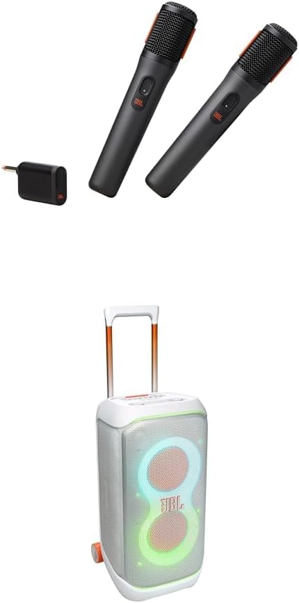 Bundle of JBL PartyBox Stage 320 - Portable Party Speaker with Telescopic Handle & Wide, Sturdy Wheels (White) + JBL PartyBox Wireless Mic - 2X Digital Rechargeable Wireless Microphones (Black)