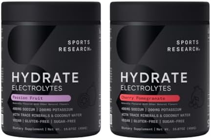 Sports Research Hydrate Electrolytes Powder - Sugar-Free & Naturally Flavored with Vitamins, Minerals, and Coconut Water - Supports Hydration - Passion Fruit & Cherry Pomegranate