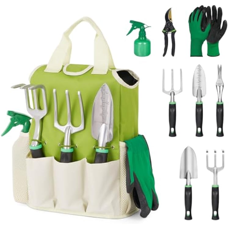 GreatBuddy Garden Tool Set for Women, 9 Piece Heavy Duty Rust-Proof Gardening Tool Set with Ergonomic Handles & Durable Organizer Handbag, Ideal Gardening Gifts for Mothers, Gardener, Beginners,Green