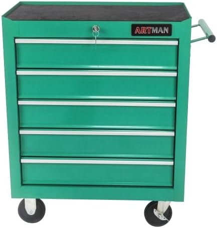 5-Drawer Tool Chest with Locking System, Heavy-Duty Steel Garage Storage Cabinet, 4 Swivel Wheels for Mobility, Red Tool Organizer for Workshop & Home Use (Green + Metal)