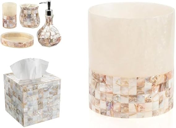 Milano 6 Piece Bathroom Accessory Set with Natural Mother of Pearl Shells - Includes: Bathroom Trash Can, Tissue Cover, Soap Dispenser, Toothbrush Holder, Tumbler and Soap Dish
