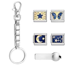 GEMOSA Italian Charm Keychain Set for Women Men Modular Stainless Steel Key Ring with 4 Charms (Butterfly, Moon, Star) & Opener, Fits 9mm Links, Gift DIY Kit