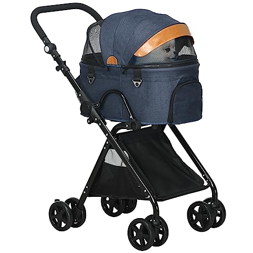 PawHut 2 in1 Foldable Pet Stroller and Detachable Travel Carriage with Lockable Wheels, Adjustable Handlebar Canopy and Zippered Mesh Window Blue