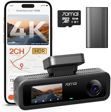 70mai Dash Cam 4K T800E+Cam Battery Pack BL96NNX 70mai 4K Dash Cam Front and Interior, HDR Dash Camera with F1.55 Aperture, Wi-Fi 6, 24H Parking Surveillance, GPS, Loop Recording, 64GB Card