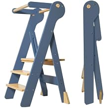 Foldable Toddler Tower, Kids Kitchen Step Stool, Height Adjustable Montessori Toddler Standing Tower with Safety Rail & Anti-Slip Design, Wooden Helper Stool for Ages 16 (Blue Gray)