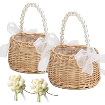 2PCS Wicker Rattan Flower Girl Basket with 2PCS Wedding Wrist Corsage, Handwoven Wicker Basket with Pearl Handle Bow Fairy Flower Basket Rattan Basket for Weddings Bridal Anniversary Party Decor (2)