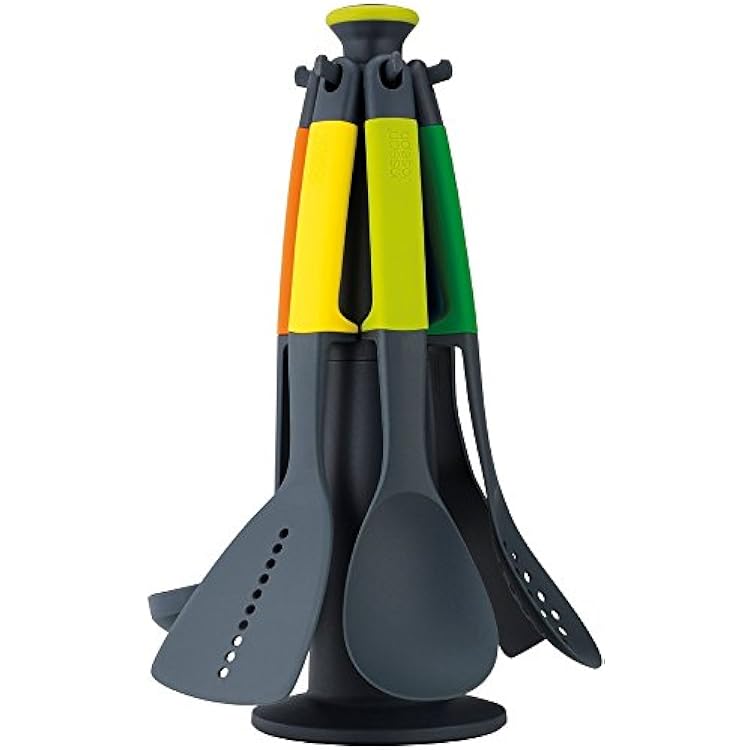 Joseph Joseph Carousel Nylon Kitchen Utensil Tool and Gadget Set with Rotating Storage Stand, 6-Piece Non Stick Tools with Ergonomic Handles, Multicolor