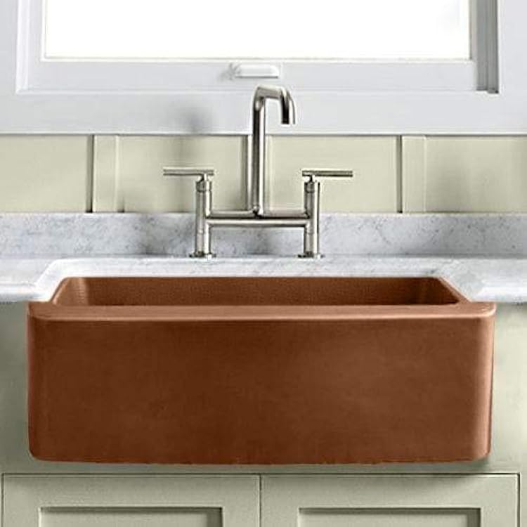 Magnus Home Products 30 Kitchen Sink Geneva Smooth Copper Single-Bowl Farmhouse wHammered Interior, Strainer Basket & Stopper, 30 L x 20 W, 59.0 lb