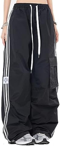 CEINOM Women Wide Leg Pants Loose Striped Sweatpants Parachute Pants Y2K Harajuku Cargo Pants Grunge Baggy Pants Alt Pants