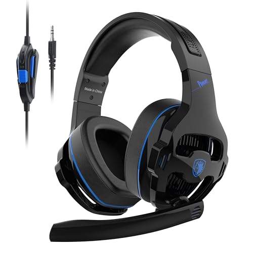 SA726 Stereo Gaming Headset for Xbox One PS4 PS5 Controller, Over Ear Headphone with Mic Noise Cancelling Headset for PC Xbox Series Black Blue