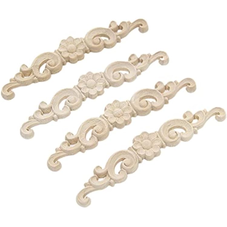 Wood Carved Applique, 4 Pack, 6.3x1.18in Decorative Wood Trim, Furniture Decor Decal, Unpainted