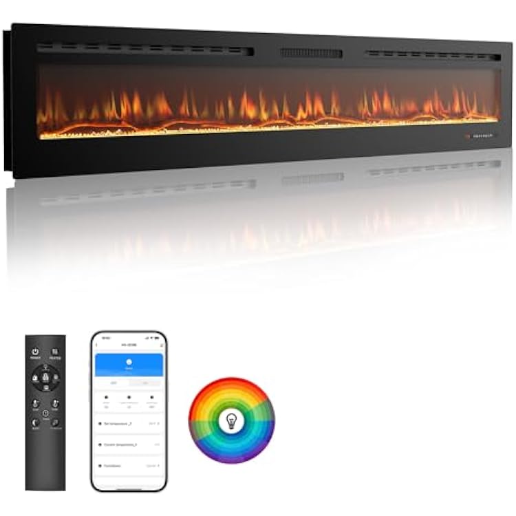 80 Smart WiFi Electric Fireplace, Wall Mounted & Recessed, App & Remote Control, Ultra-Thin 750W1500W Fireplace with Touch Screen, 12H Timer, 5 Realistic Flames, Log & Crystal 80 WiFi