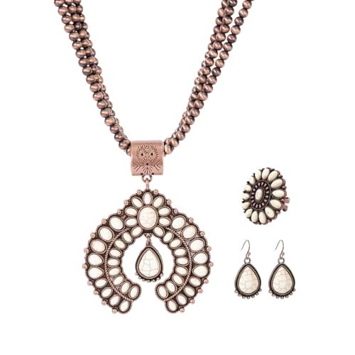 TOPACC Navajo Pearl Necklace Western Jewelry Set for Women Turquoise Necklace with Earrings Ring Cowgirl Accessory
