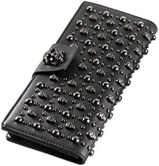 Shinywear Womens Black Long Skull Studded Purses Genuine Leather Card Holder Wallet