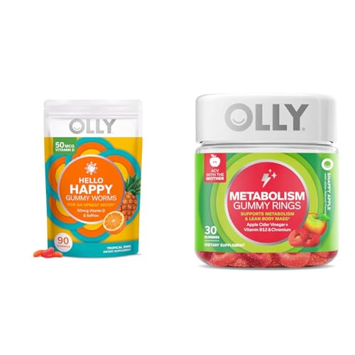 OLLY Hello Happy Gummy Worms, Mood Balance Support, Vitamin D, Saffron, Adult Chewable Supplement & Metabolism Gummy Rings, Apple Cider Vinegar, Vitamin B12, Chromium, Energy and Digestive Health