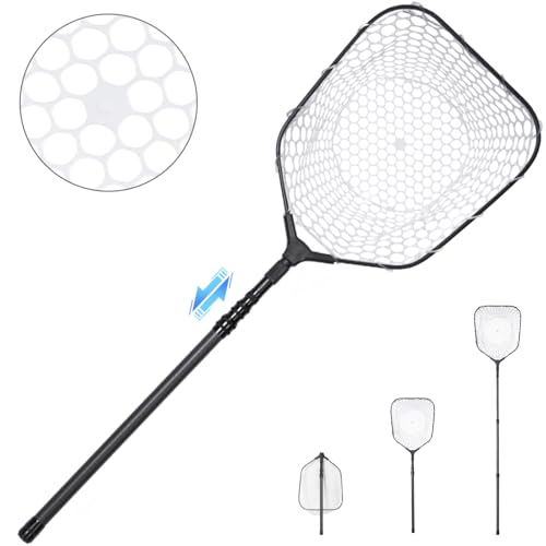 Foldable Long Fishing Landing Net, Carbon Fiber Fishing Net with Telescoping Handle & Rubber Netting, Hoop: 15.7 x 13.4, Length: 40.6 - 71.6, Depth: 10