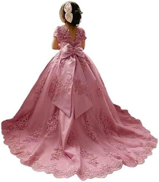 Girls Appliques Beaded Pageant Dresses Short Sleeve Flower Girl Dress for Wedding Lace Junior Bridesmaid Dress