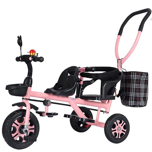 3 in 1 Tricycle Multi-funtion Kids Tricycle,3 Wheels Bike Pedal & Push Handle Twins Tricycle for Two Riders Outdoor Kids Trike with Inflation-Free Wheels,Dual Brakes,Pink