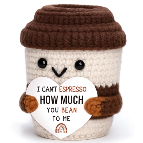 Mini Valentines Day Gifts for Him Her Couple Romantic Gift for Girlfriend Boyfriend Wife Husband, Birthday Anniversary Valentine Handmade Crochet Coffee Cup Appreciation Gift for Coffee Lovers