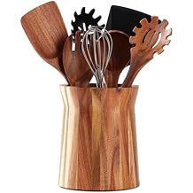 Wooden Utensil Holder for Countertop, 360 Rotating Kitchen Utensil Holder, 7.2"x 6" Large Acacia Wood Crock, Farmhouse Kitchen Decor
