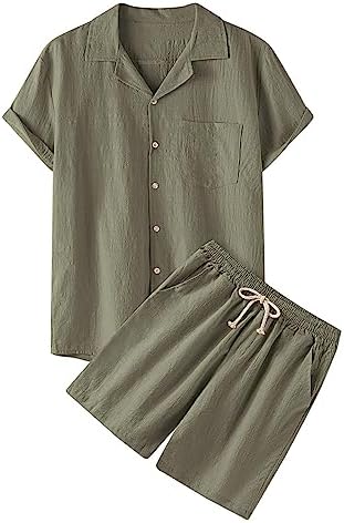 Men Cotton Linen Sets Outfits 2 Piece Button Down Shirt Top and Shorts Set Summer Beach Tracksuit Sets With Pockets