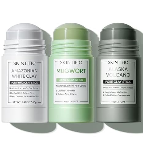 SKINTIFIC 3-Pack Clay Mask Stick Set: Amazonian White Clay + Volcanic Blackhead Remover + Mugwort Soothing Redness Control | Deep Pore Cleansing, Gentle Exfoliating, Non-Drying for All Skin Types
