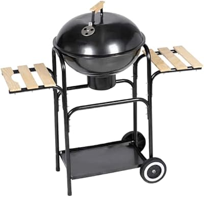 Louisiana Charcoal Kettle Barbecue Grill, Portable Outdoor Smoker BBQ with Wooden Side Tables, Wheels for Camping & Cooking