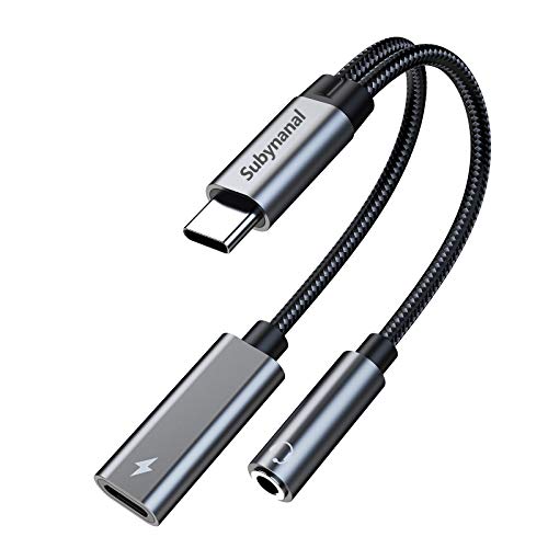 Subynanal USB c to 3.5mm Headphone and Charger Adapter,2 in-1 USB C PD 3.0 Charging Port to Aux Audio Jack and Fast Charging Dongle Cable Cord for iPhone 17 Iphone16, iPhone 15, Galaxy Gray